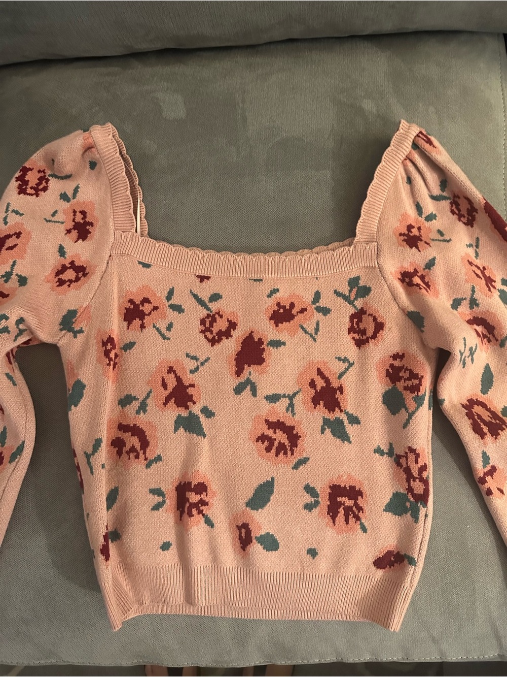 Blush Pink Off-the-Shoulder Floral Knit Sweater